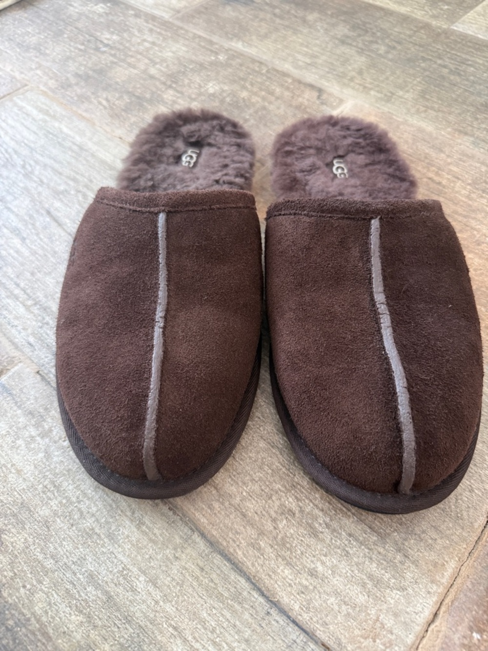UGG Men's Chocolate Brown Suede Shearling Slip-On Loafers